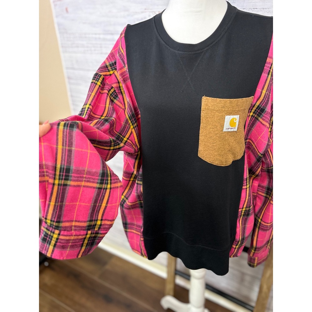 Upcycled Pink Plaid Flannel Sleeve Sweatshirt Oversized Pocket Top Fits up to XL - Picture 6 of 10